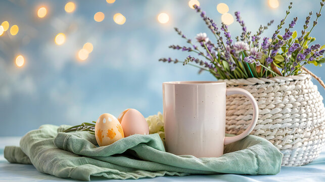 Sage linen napkin with pink mug, lavender wildflowers, Easter eggs and fairy lights on watercolor paper, soft fill light, product flat lay
