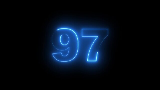 Abstract glowing neon text 97 number countdown icon. Glowing sign on black background