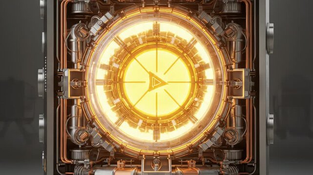 Futuristic mobile nuclear fission reactor powering up, generating fusion energy. High tech sci fi device producing clean, sustainable, and renewable power for the future in a studio setting