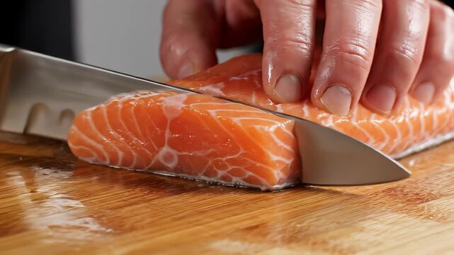 Male hands using a sharp knife for cutting a raw salmon fillet into pieces on a wooden board. Professional chef preparing fresh red fish for a delicious meal in a restaurant kitchen