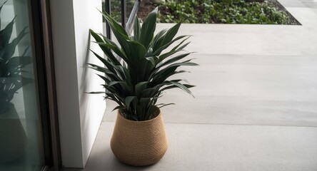 Fototapeta premium Kentia palm arranged in eco friendly seagrass basket for urban garden vibe