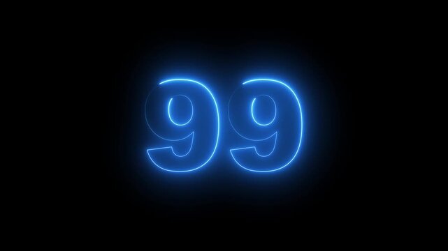 Abstract glowing neon text 99 number countdown icon. Glowing sign on black background