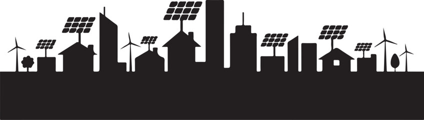 Obraz premium Black silhouette cityscape with solar panels and wind turbines