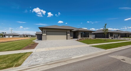 Single story detached residence listed with paved driveway and modern style