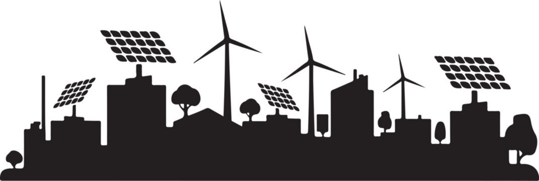 Black silhouette cityscape with wind turbines and solar panels