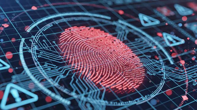 Futuristic digital interface showing a red fingerprint scan failing authentication, with warning signs indicating a security breach, unauthorized access, or identification error