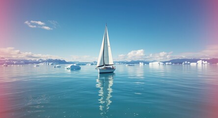 Obraz premium Sailboat navigating calm ocean waters near distant icebergs under clear skies