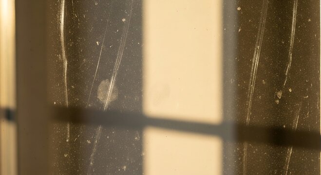 Close up of fingerprints and dust on window glass surface with warm sunlight