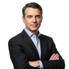 Professional man in suit with arms crossed posing confidently against a plain background