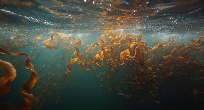 Brown kelp underwater movement beneath ocean surface with copy space