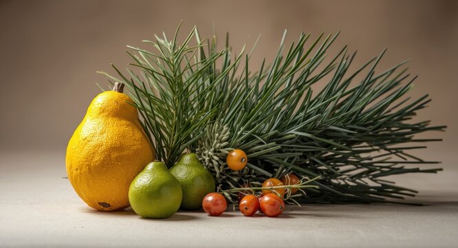 Traditional four species of Sukkot holiday including etrog citron palm lulav myrtle hadas and arava willow