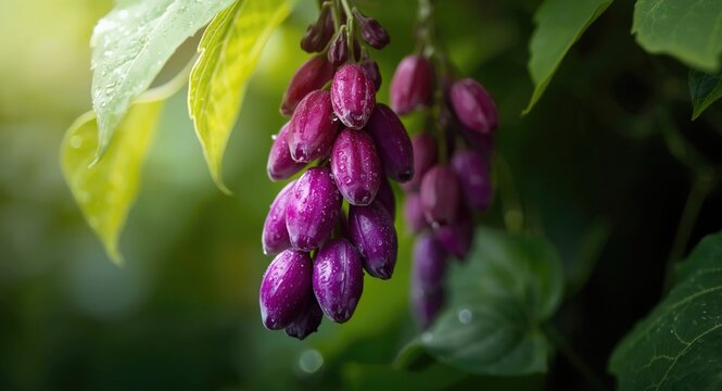 Close focus on hyacinth bean legumes with leafy plant backdrop