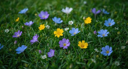 Fototapeta premium Medicinal flowers in vibrant hues scattered on a fresh green lawn backdrop