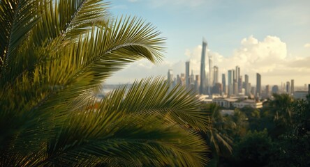 Naklejka premium lush tropical palm leaves with city buildings afar