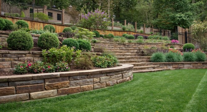 Artfully designed backyard featuring stone retaining walls and a range of plants