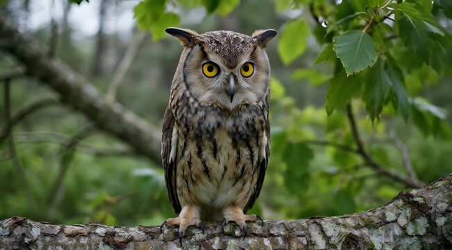 Majestic longeared owl perched on a branch in a lush green forest
