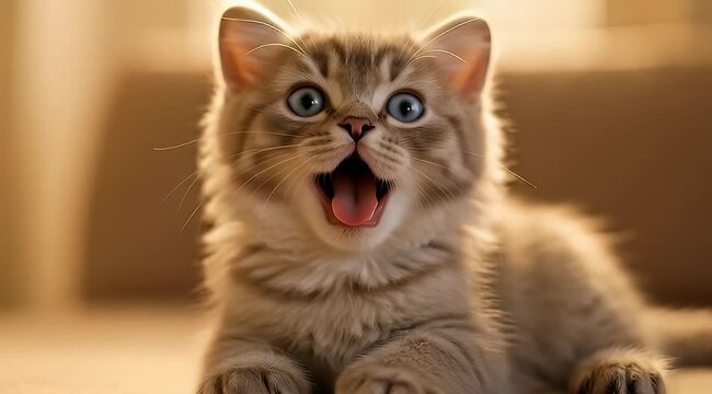 Adorable wide eyed kitten with mouth open lying down indoors enjoying comfort