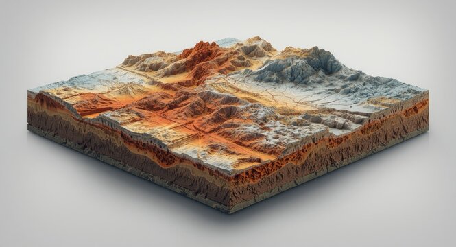 High resolution 3D geology map illustrating surface relief and topographic layers