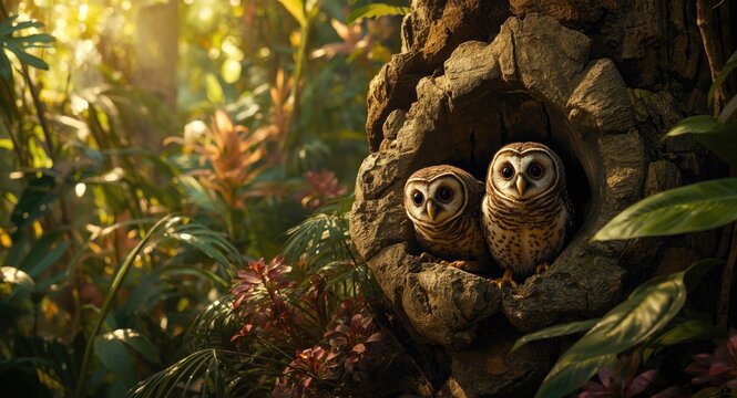 Playful spotted owlets resting by tree holes in a lively and sunlit tropical forest