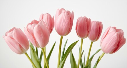 Fototapeta premium Soft pink isolated tulip blossoms on crisp white background for copy space