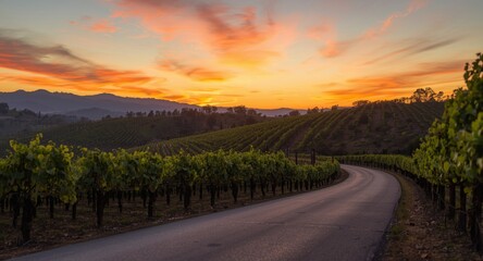Obraz premium Sunset sky above rolling hills with vineyards and a winding asphalt road
