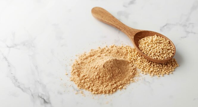 Soy lecithin powder and granules displayed on a white marble surface with a wooden spoon emphasizing nutritional benefits