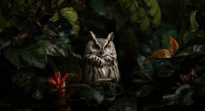 Natural tropical park habitat capturing a collared scops owl amid lush green foliage