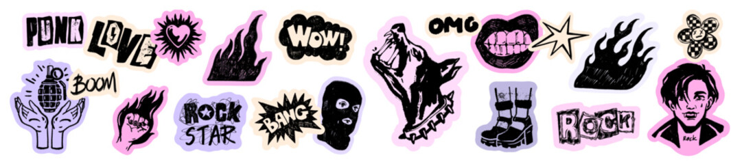 Rock doodle sticker set, hand drawn grunge punk scrapbook collage badge, aggressive urban art sign. Gothic emo scribble design element, lettering patch, dog head, fire flame. Rock music paper sticker © Oleksandra