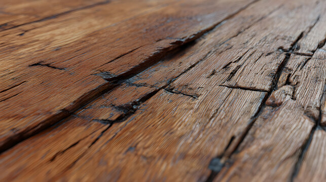 The hardwood flooring is in disrepair and has buckling, cracking, and staining due to water damage. Warped planks, peeled finish, and a visible gap are present on the floor that is damaged.