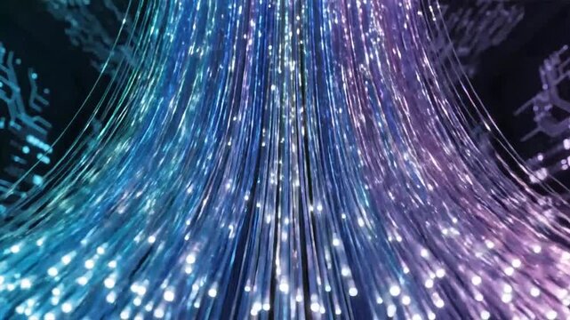 A mesmerizing display of fiber optic cables with vibrant colors and dynamic lights in a futuristic setting viewed from a close-up perspective.