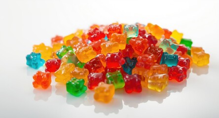 Macro image showing a heap of colorful gummy bears on a clear white surface