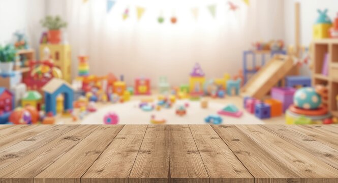 Plain wood surface in front of hazy child playroom crowded with toys for marketing presentation