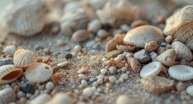 Marine inspired natural art using a blend of shells, rocks, and sandy gravel creating a coastal scene
