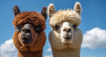 Fototapeta premium Happy alpacas showing their fluffy brown and cream fur in a close horizontal portrait with sky background