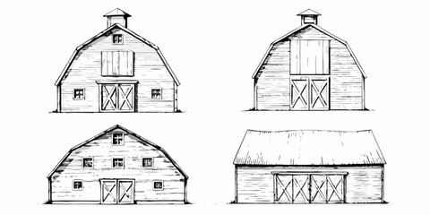 Vintage sketch of four different views of a classic wooden barn © Smritykona