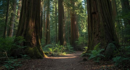 Peaceful woodland filled with large redwood trunks