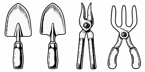A collection of gardening tools including shovels shears and a fork © Smritykona