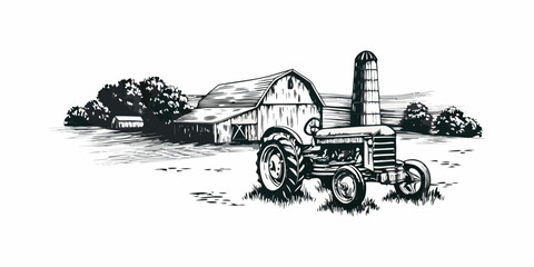 Vintage farm scene featuring a barn tractor and surrounding landscape © Smritykona