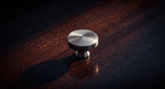Brushed satin nickel cabinet knob with smooth round shape and subtle texture on dark timber