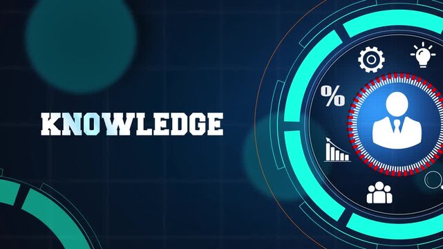 Business knowledge management and corporate information strategy concept on a high tech digital blue background with glowing icons for professional growth and success