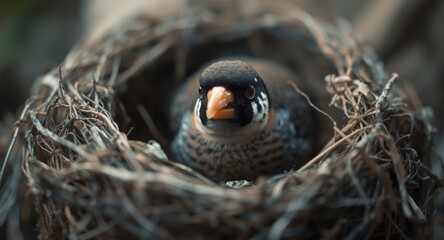 Fototapeta premium Birds eye angle showing a young zebra finch in the nest with sharp head focus