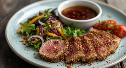 Sesame crusted tuna steak accompanied by vibrant salad and rich dipping sauce