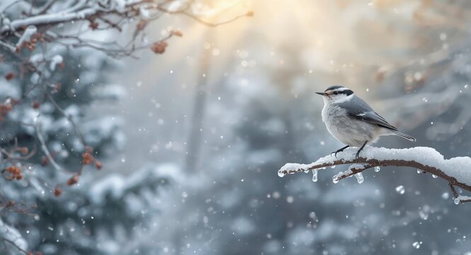 Winter scene with Eurasian nuthatch on icy tree limb