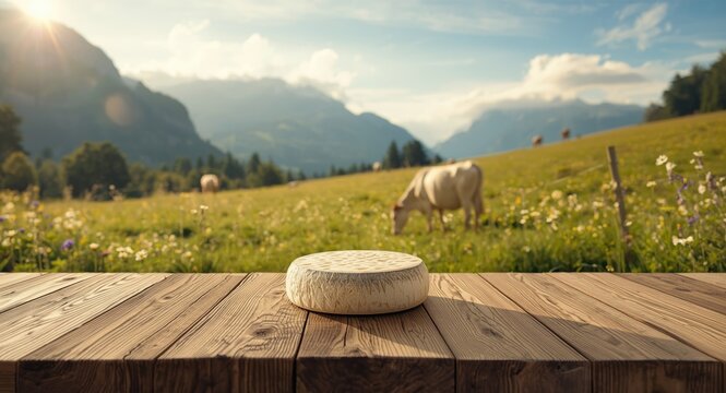 Rustic timber table holding Tomme de Savoie cheese near mountainous pasture with cows