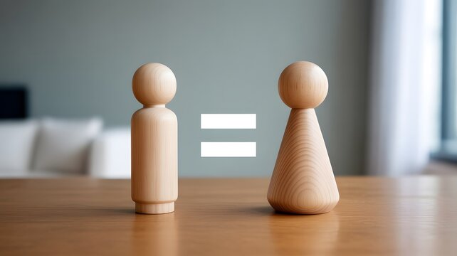 Two different wooden figures representing gender equality displayed on a table indoors with soft lig