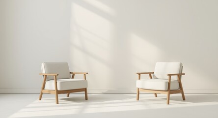 Fototapeta premium Minimalist white room with creamy cozy armchairs and an empty painted wall background for interior mockup