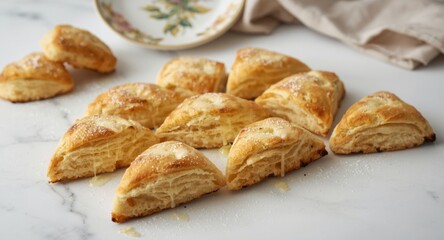 Freshly baked scones arranged on a clean white surface