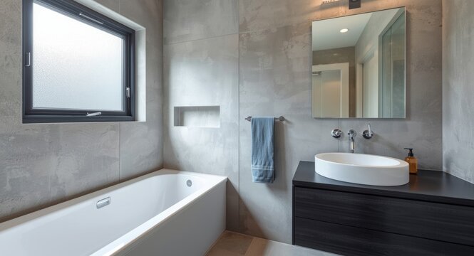 Modern bathroom space featuring a tub situated near a concrete wall with a window and closely placed sink and mirror