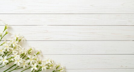 Obraz premium White wood panel backdrop accented by vibrant jasmine flowers and copy space
