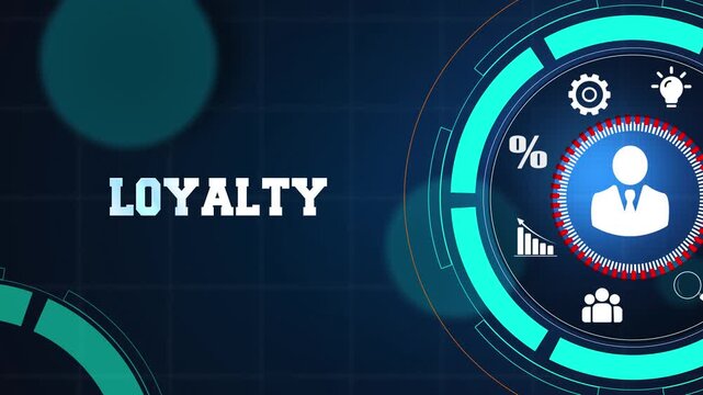Customer loyalty program and retention marketing strategy concept on a high tech digital blue background with glowing icons for professional business growth